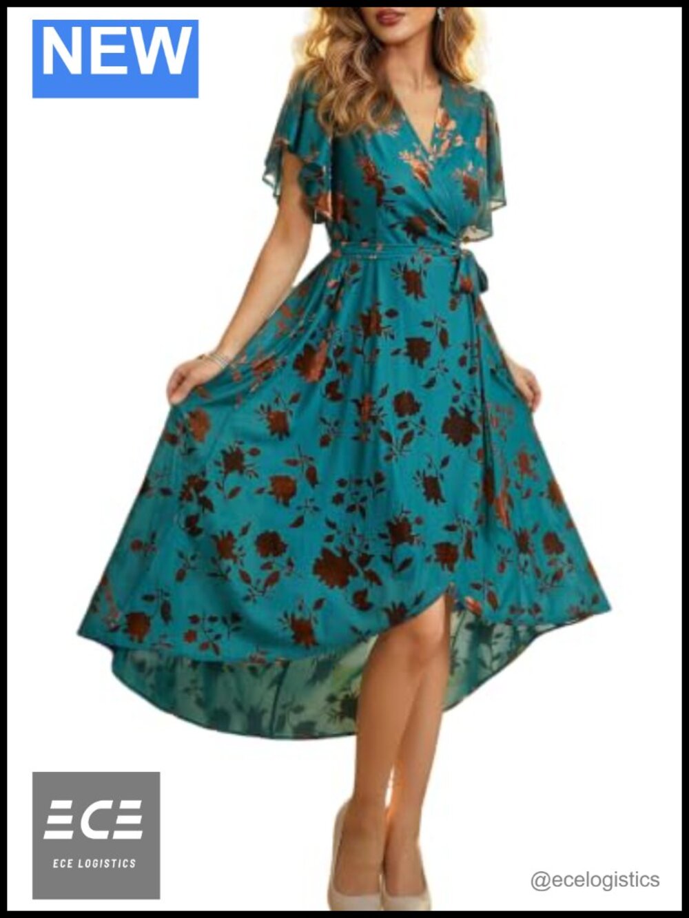Velvet Burnout Floral Wrap Dress V Neck Flutter Sleeve High Low Semi Formal